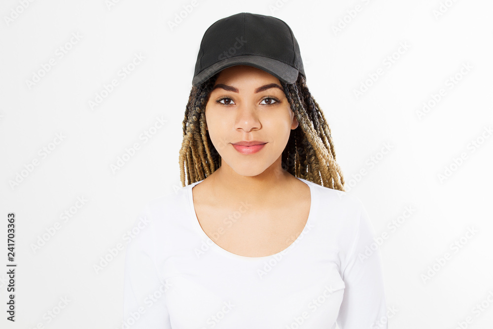 Summer t shirt design and people concept close up of young afro american woman in blank template white t-shirt. Mock up. Copy space. African hair style. front view.