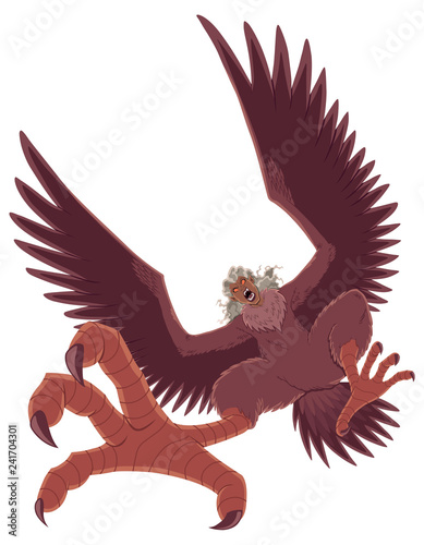 Illustration of ferocious cartoon harpy isolated on white background.