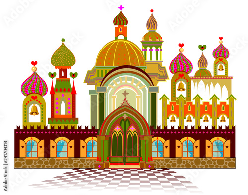 Illustration of fairyland fantasy kingdom from eastern fairy tale for baby book. Poster for travel company. Vector cartoon image.