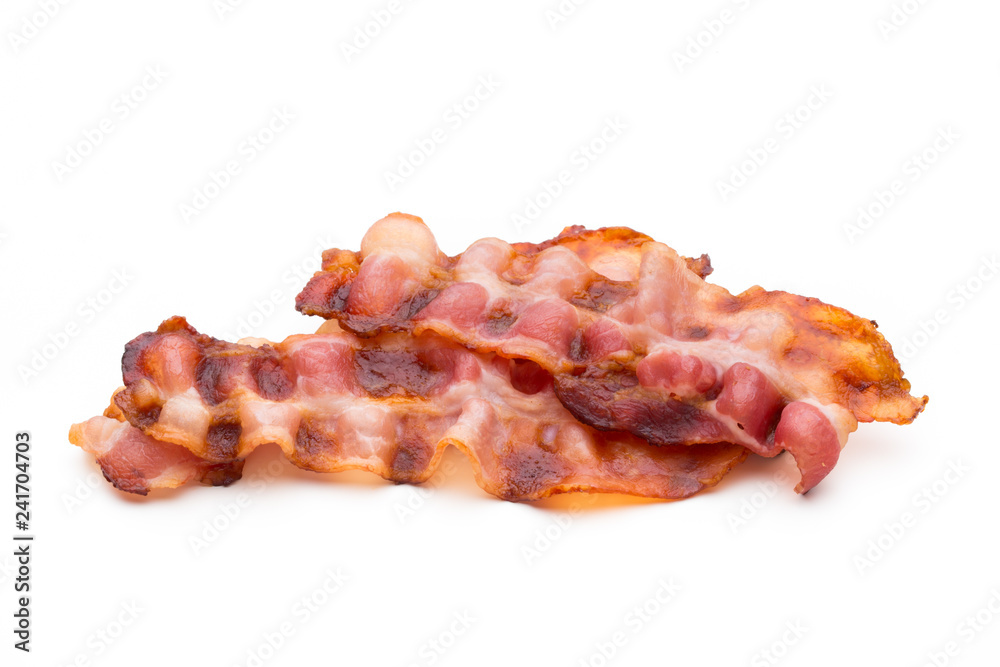 Cooked bacon rashers isolated on white. Cooked bacon rashers isolated on white.
