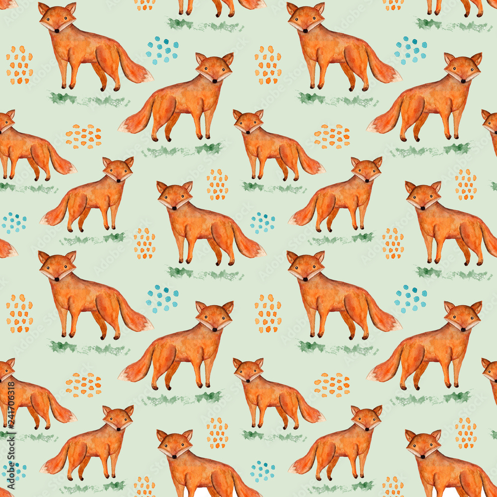 Obraz premium Cute watercolor seamless pattern with orange fox, grass and blue and ginger stains on green background. Funny hand drawn foxy texture for print design, wallpaper, textile, wrapping paper