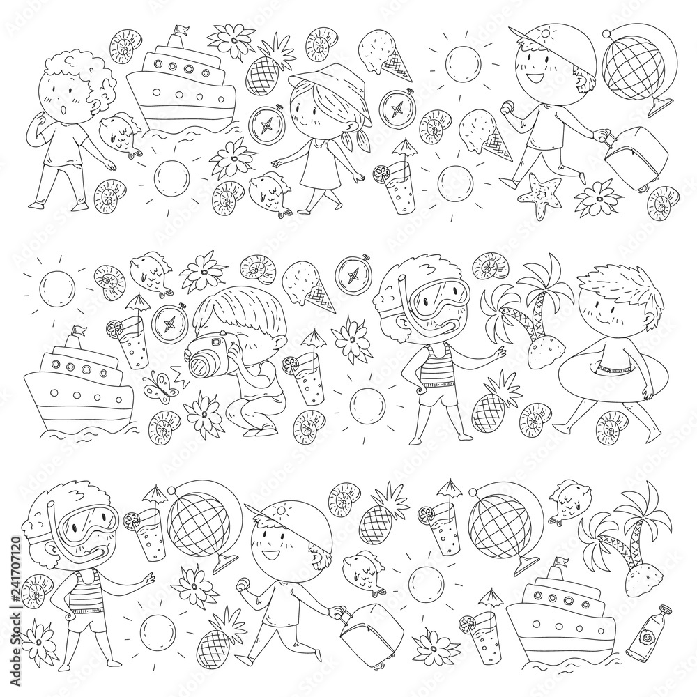 Happy children playing at seashore, beach, sea, ocean. Kids vacation and travelling. Coloring page, book.