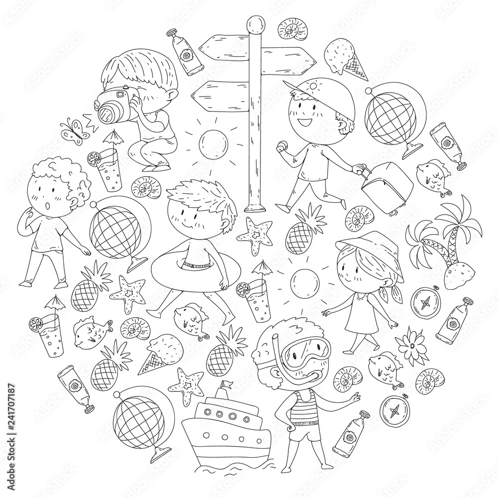 Happy children playing at seashore, beach, sea, ocean. Kids vacation and travelling. Coloring page, book.