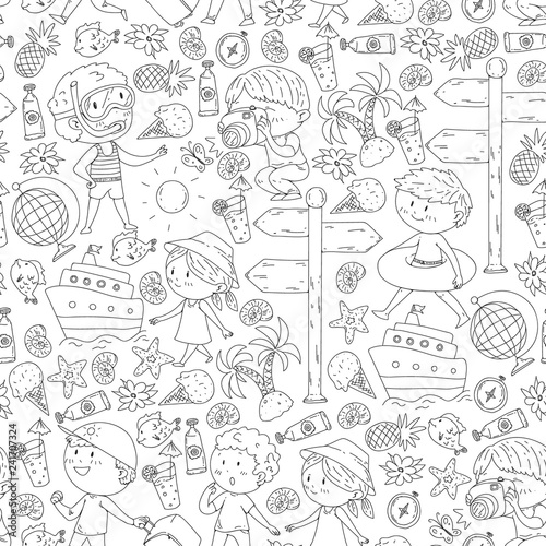 Happy children playing at seashore  beach  sea  ocean. Kids vacation and travelling. Coloring page  book.