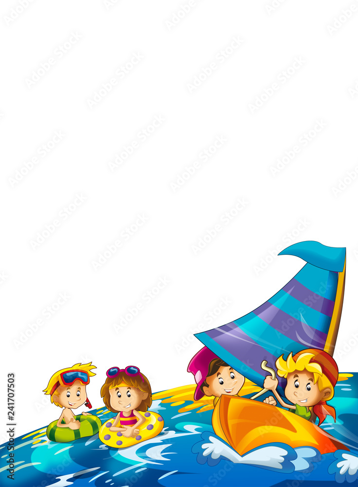 Fototapeta premium kids playing at the beach having fun by the sea or ocean - with space for text - illustration for children