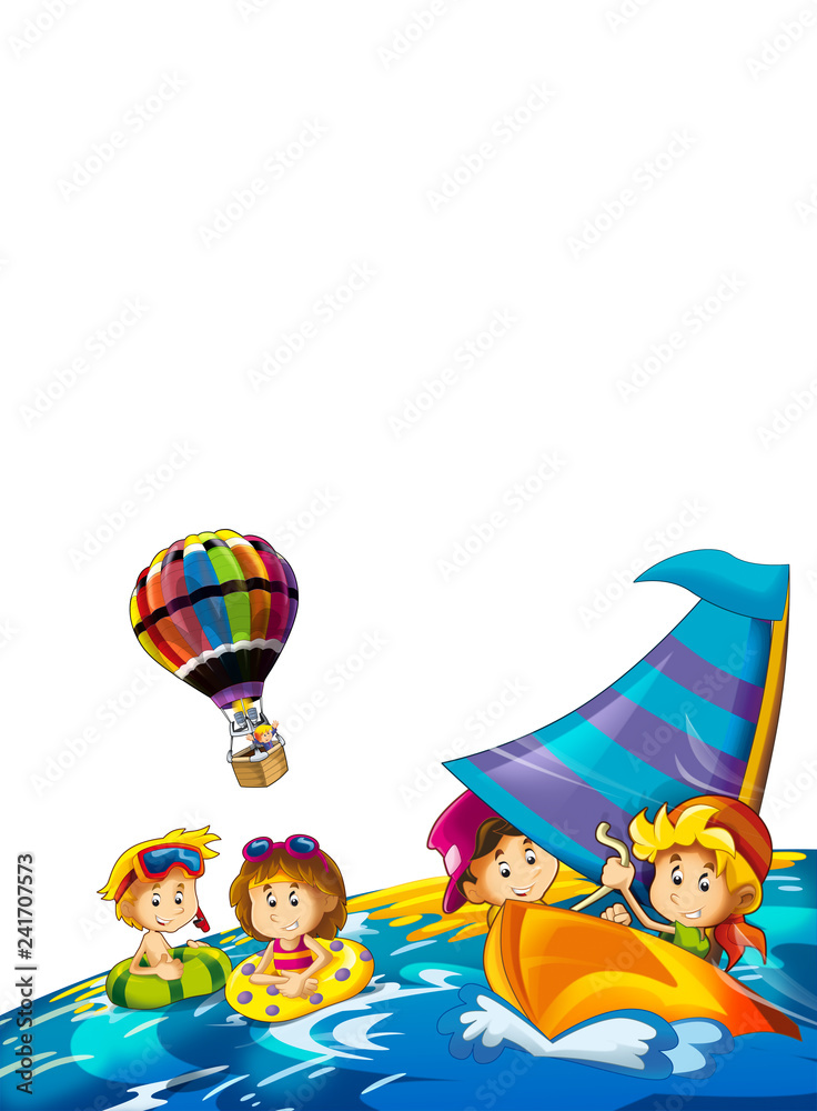 Naklejka premium kids playing and having fun by the sea or ocean - with space for text - illustration for children