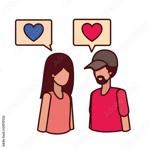 young couple with speech bubble avatar character
