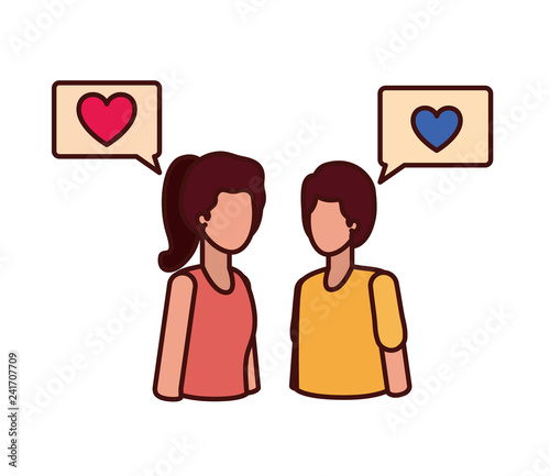 young couple with speech bubble avatar character