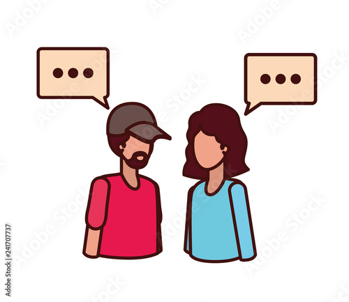 young couple with speech bubble avatar character