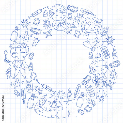 Children medical center. Healthcare illustration. Doodle icons with small kids, infection, fever, cold, virus, illness.