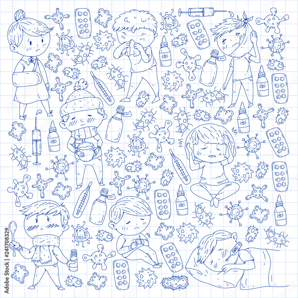 Children medical center. Healthcare illustration. Doodle icons with small kids, infection, fever, cold, virus, illness.