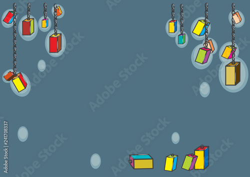 Multicolored lanterns hang on chains at night and glow