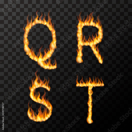 Bright realistic fire flames in Q R S T letters shape, hot font concept on transparent