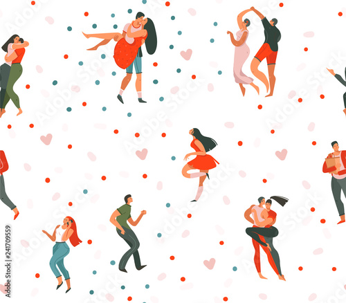 Hand drawn vector abstract cartoon modern graphic Happy Valentines day concept illustrations art seamless pattern with dancing couples people together and hearts isolated on white background