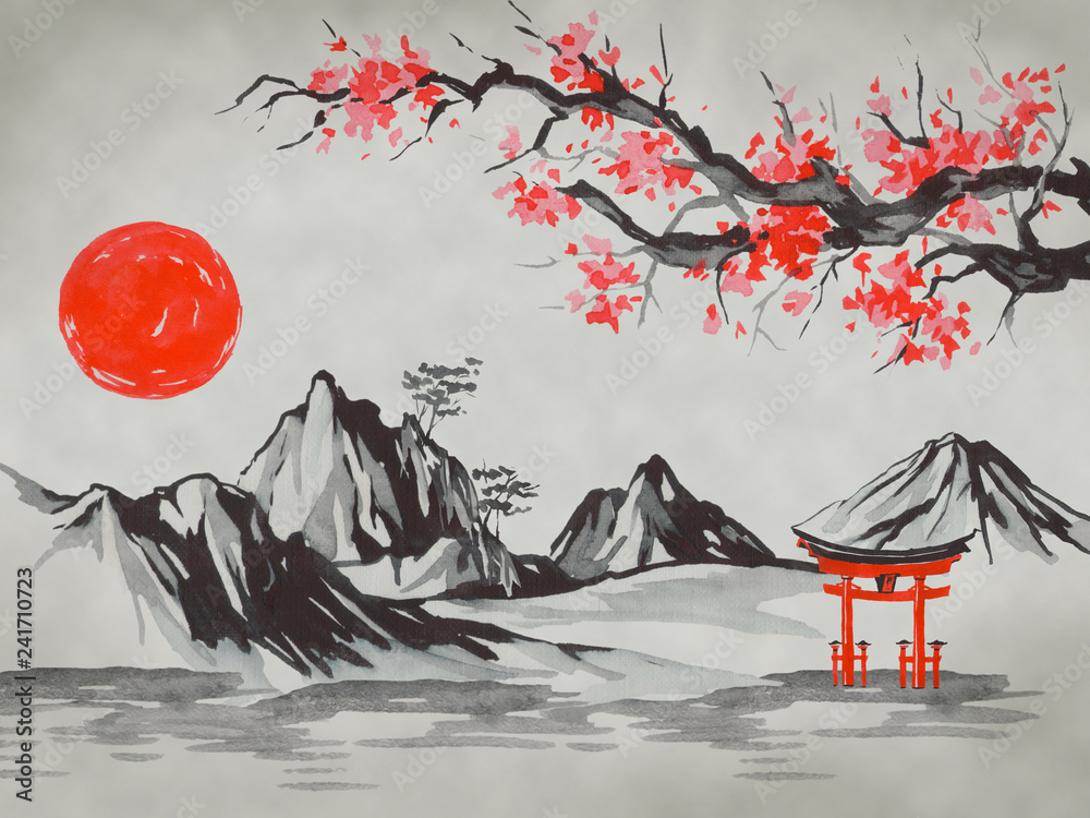 Japan traditional sumi-e painting. Fuji mountain, sakura, sunset. Japan ...