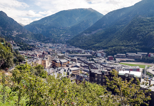 Aerial view of Andorra la Vella with the mountains of the Pyrenees in the background