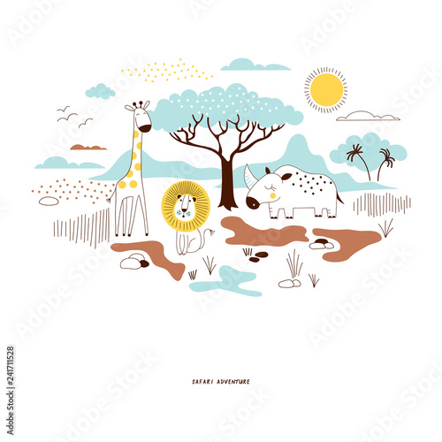 decorative yellow and blue savannah wildlife illustration with giraffe, lion, rhino, scandinavian style safari graphic, kids summer t-shirt print