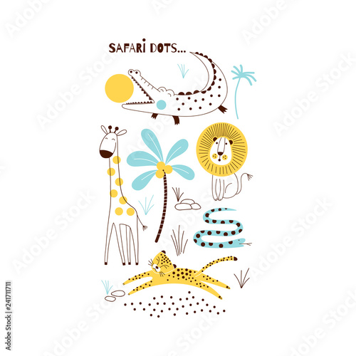 Decorative yellow and blue Savannah Wild Animals illustration with allegator, giraffe, lion, snake, leopard, Scandinavian style safari graphic, Kids summer t-shirt print