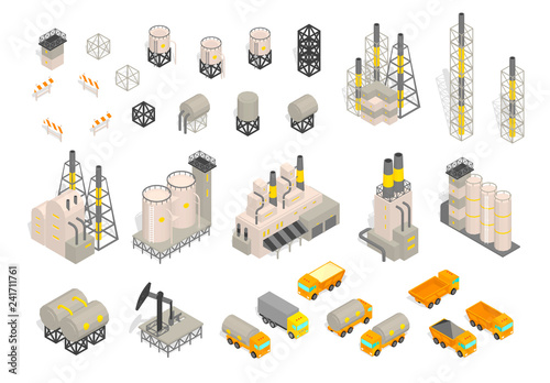 Set industrial factories plant building and trailer delivery. Isometric vector illustration. Industrial production factory.