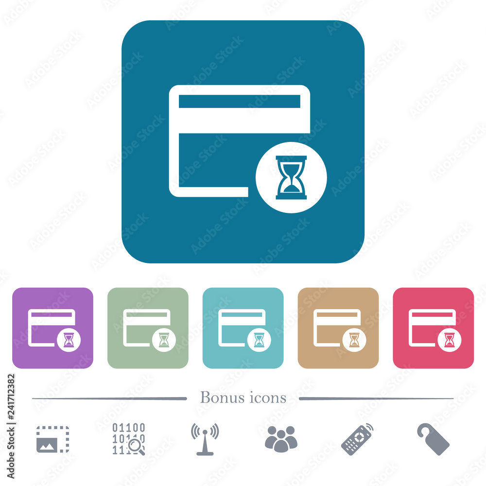 Credit card operation in progress flat icons on color rounded square backgrounds Credit card operation in progress flat icons on color rounded square backgrounds