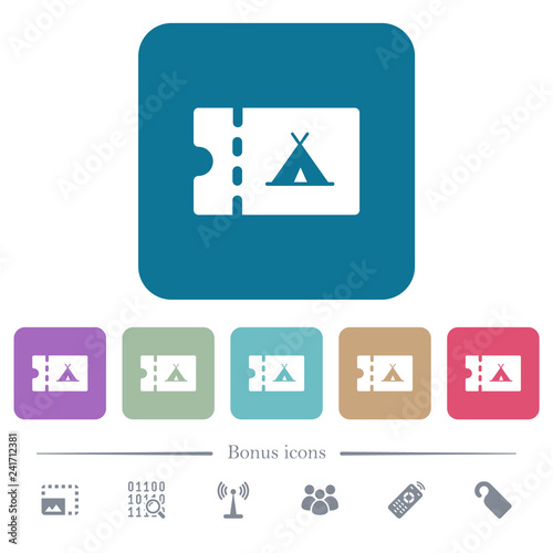 Camping discount coupon flat icons on color rounded square backgrounds