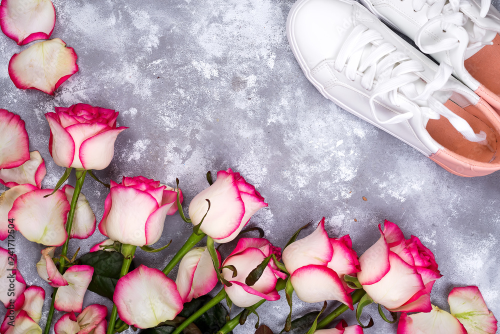 valentines day background frames with rose flowers bouquet and shoes on stone background. top view. mock up. flat lay valentines day background frames with rose flowers bouquet and shoes on stone background. top view. mock up. flat lay