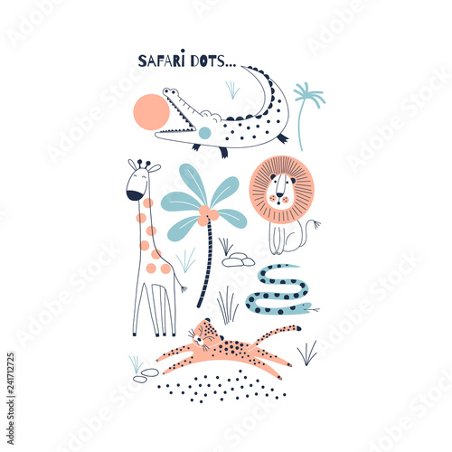 decorative orange and navy blue savannah wildlife illustration with animals leopard, crocodile, lion, snake, giraffe, scandinavian style safari graphic, kids summer t-shirt print