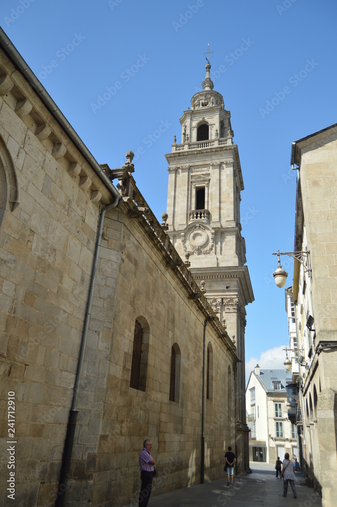 Tower And Bell Tower Of Santa Maria Cathedral In Lugo. Travel, Architecture, Holidays. August 3, 2015. Lugo Galicia Spain.