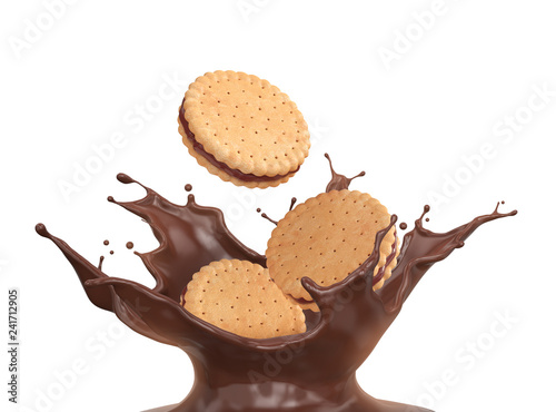 Sandwich cookies with chocolate splash, 3d illustration for biscuit package design.