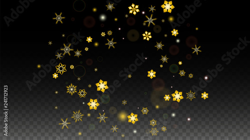 Christmas Vector Background with Gold Falling Snowflakes Isolated on Transparent Background. Realistic Snow Sparkle Pattern. Snowfall Overlay Print. Winter Sky. Design for Party Invitation.
