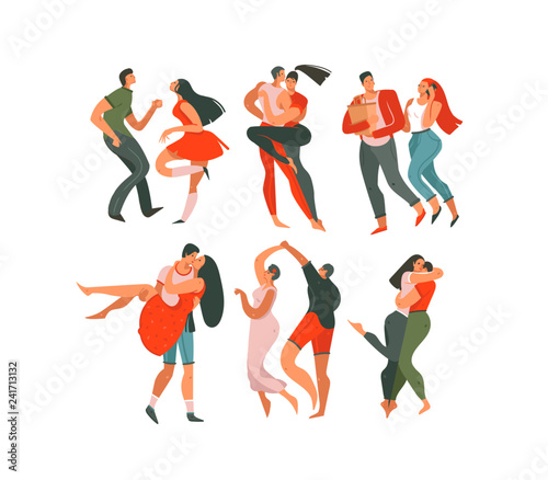 Hand drawn vector abstract cartoon modern graphic Happy Valentines day concept illustrations art collection set bundle with dancing couples people together isolated on white background