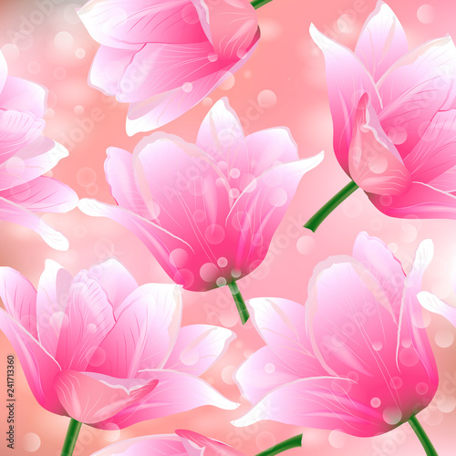Fototapeta Naklejka Na Ścianę i Meble -  Seamless pattern with tulips flowers. Modern floral pattern for packaging, textile, wallpaper, print, gift wrap, scrapbooking, decoupage, greeting or wedding background.