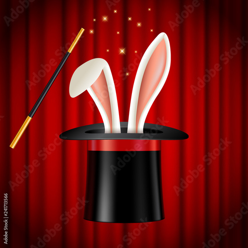 White rabbit ears appearing from magician hat, magic trick, wizard wand with stars and sparkles, red curtain, vector illustration