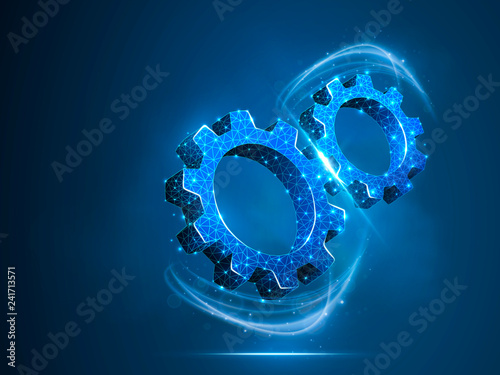 Spinning Gears. Industry development, engine work, business solution concept. Machine engineering technology symbol. Vector low poly polygonal wireframe two 3d gears illustration on blue background