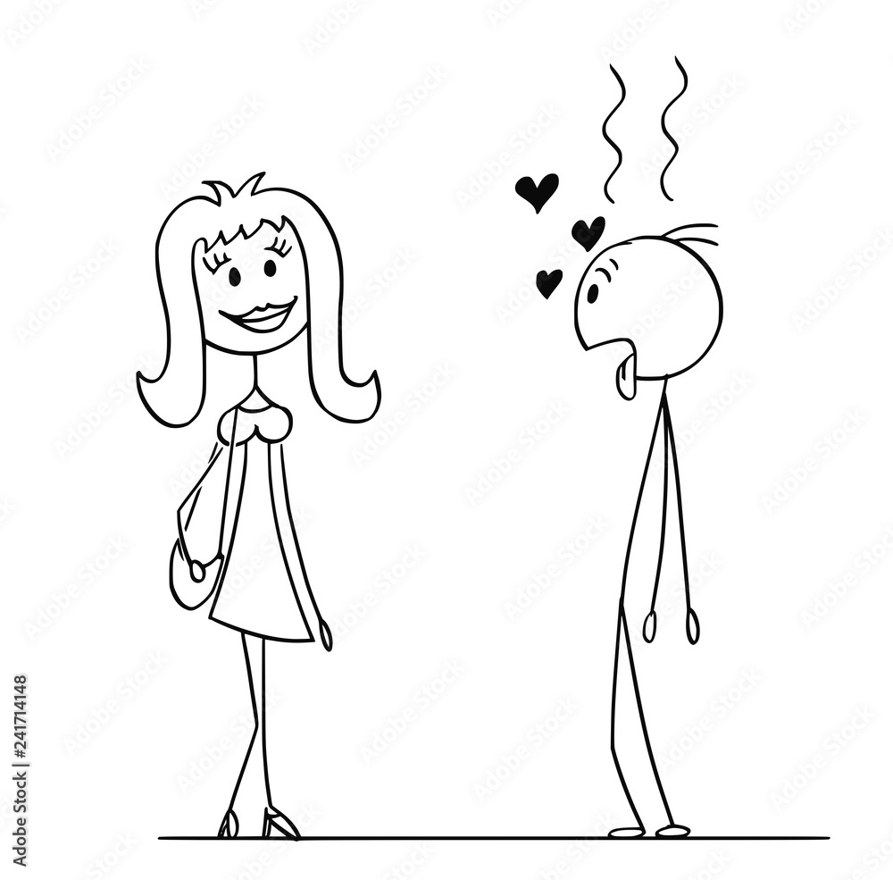 Cartoon stick drawing conceptual illustration of man who is in love to woman.