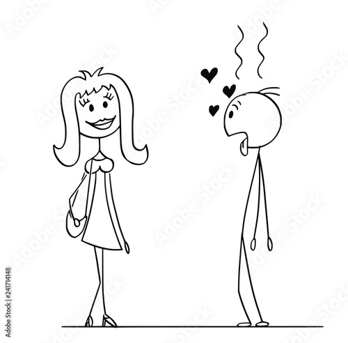 Cartoon stick drawing conceptual illustration of man who is in love to woman.
