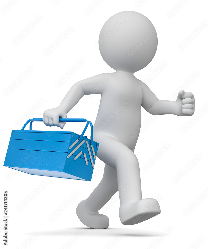 3D Illustration weißes Männchen mit blauen Werkzeugkoffer 3D Illustration weißes Männchen mit blauen Werkzeugkoffer