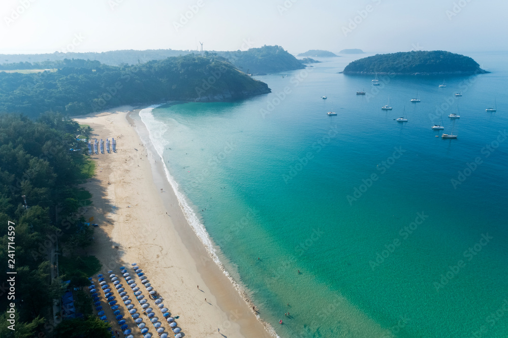 Aerial view drone shot of Nai harn beach Beautiful beach in Phuket Thailand
