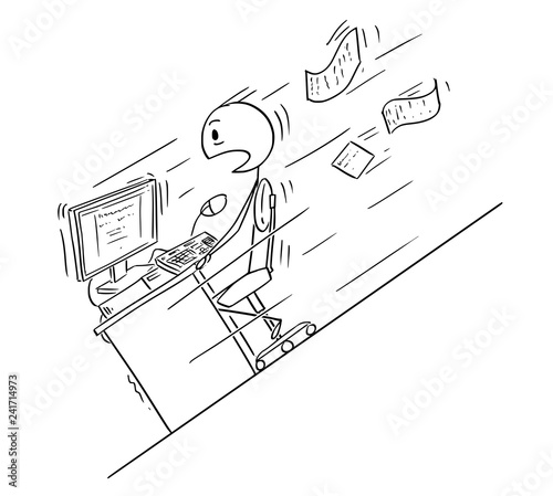 Cartoon stick drawing conceptual illustration of scared businessman siting behind his office desk or table and computer and moving fast down the hill.