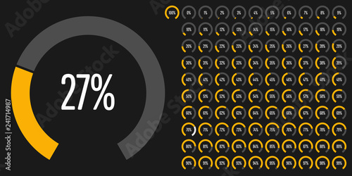 Set of circular sector percentage diagrams (meters) from 0 to 100 ready-to-use for web design, user interface (UI) or infographic - indicator with yellow