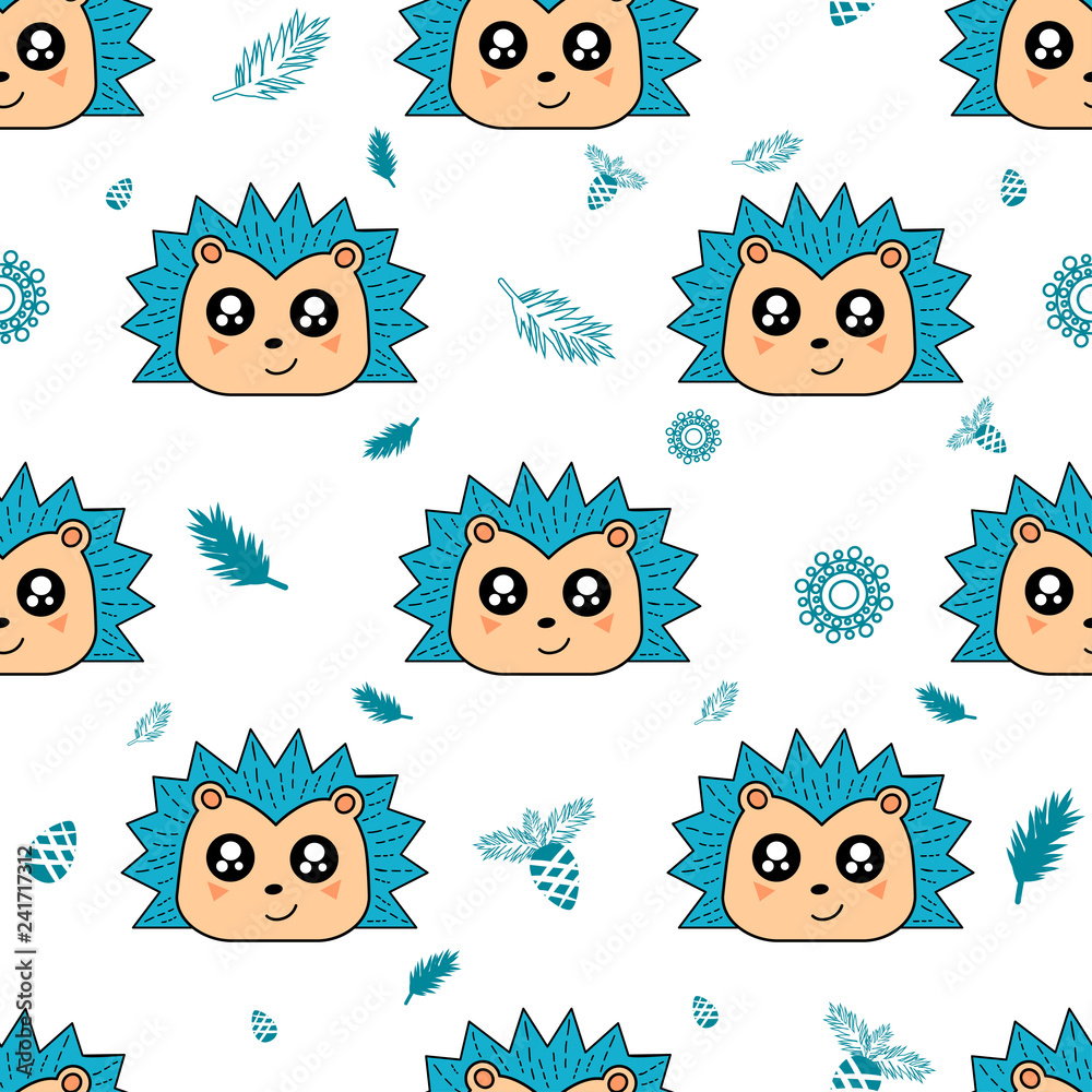 Cute kids hedgehog pattern for girls and boys. Colorful hedgehog on the abstract background create a fun cartoon drawing. The pattern is made in pastel colors. Urban hedgehog backdrop for textile