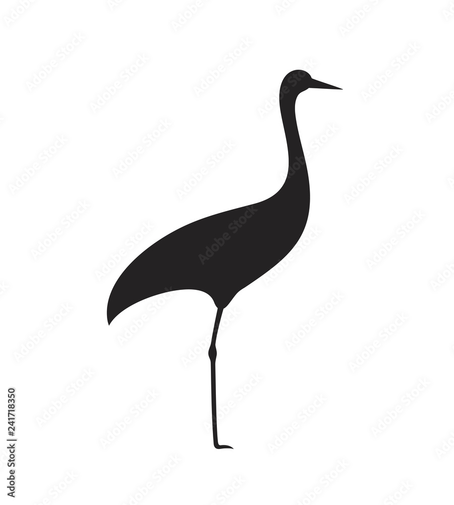 Crane silhouette. Isolated crane on white backgroun. Bird