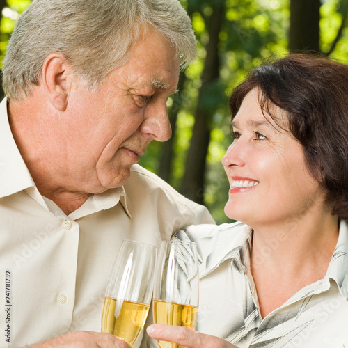 Senior couple celebrating with champagne, outdoors