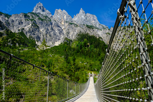 Germany, Bavaria, Berchtesgadener Land, Berchtesgaden Alps, Klausbach Valley, Muehlstuetzhoerner, suspension bridge photo