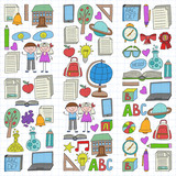Vector set of secondary school icons in doodle style. Painted, colorful, on a sheet of checkered paper on a white background.