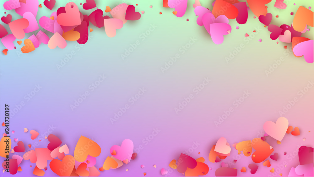 Valentine's Day Background. Heart Confetti Pattern. Many Random Falling Purple Hearts on Hologram Backdrop. Flyer Template. Vector Valentine's Day Background.