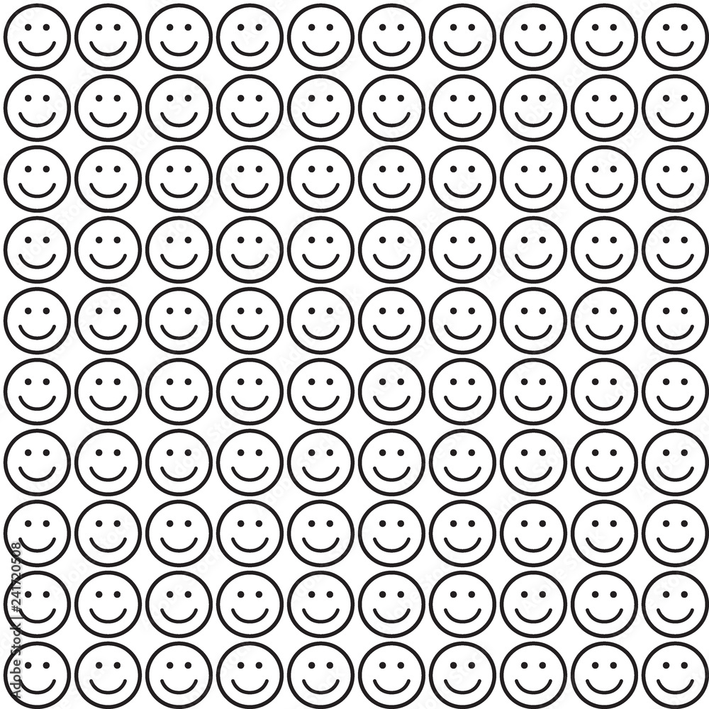 Seamless black and white pattern with smile icons. Happy faces background. Vector illustration.