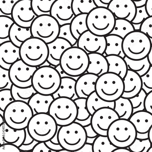 Seamless black and white pattern with smile icons. Happy faces background. Vector illustration.