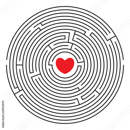 Round labyrinth (maze) with red heart and two enters. Find your love. Find the way. Relationship. Happy Valentine's day card. Vector illustration.