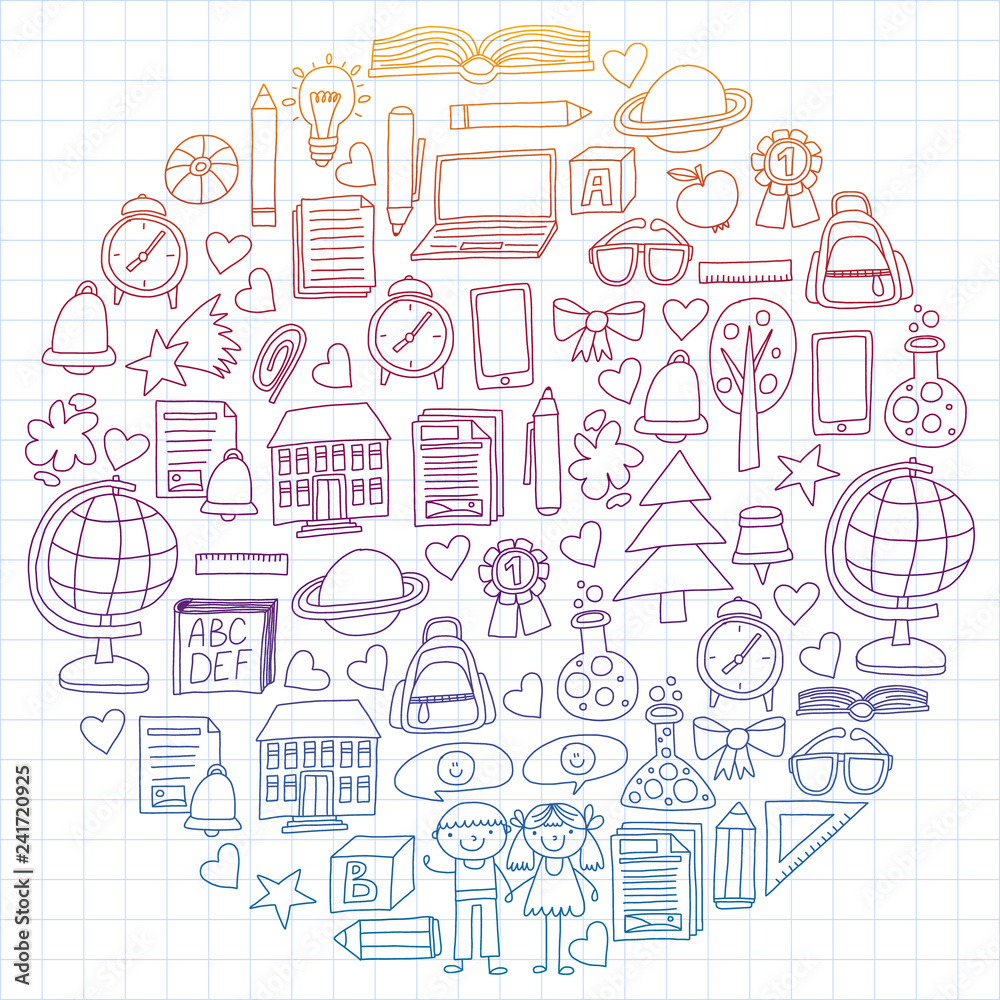 Vector set of secondary school icons in doodle style. Painted, colorful, gradient, on a sheet of checkered paper on a white background. Vector set of secondary school icons in doodle style. Painted, colorful, gradient, on a sheet of checkered paper on a white background.